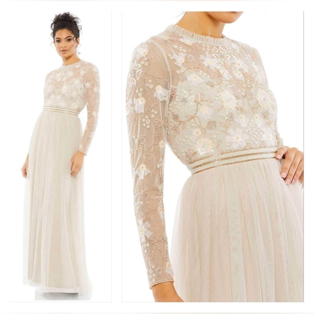 Mac Duggal 9132 NWOT Embellished Illusion High Neck Long Sleeve Gown